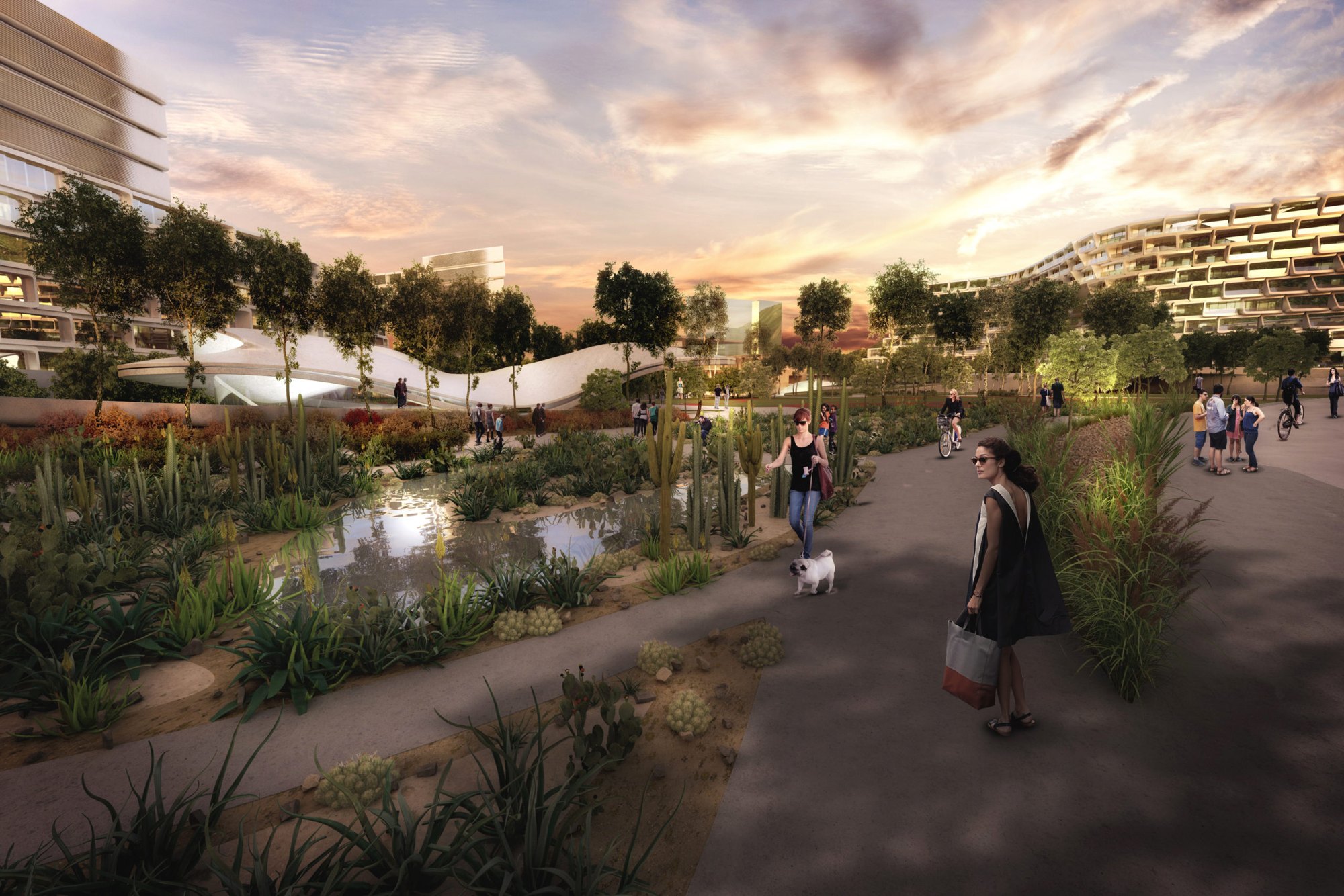 Render · La vegetación del parque, con el conjunto al fondo