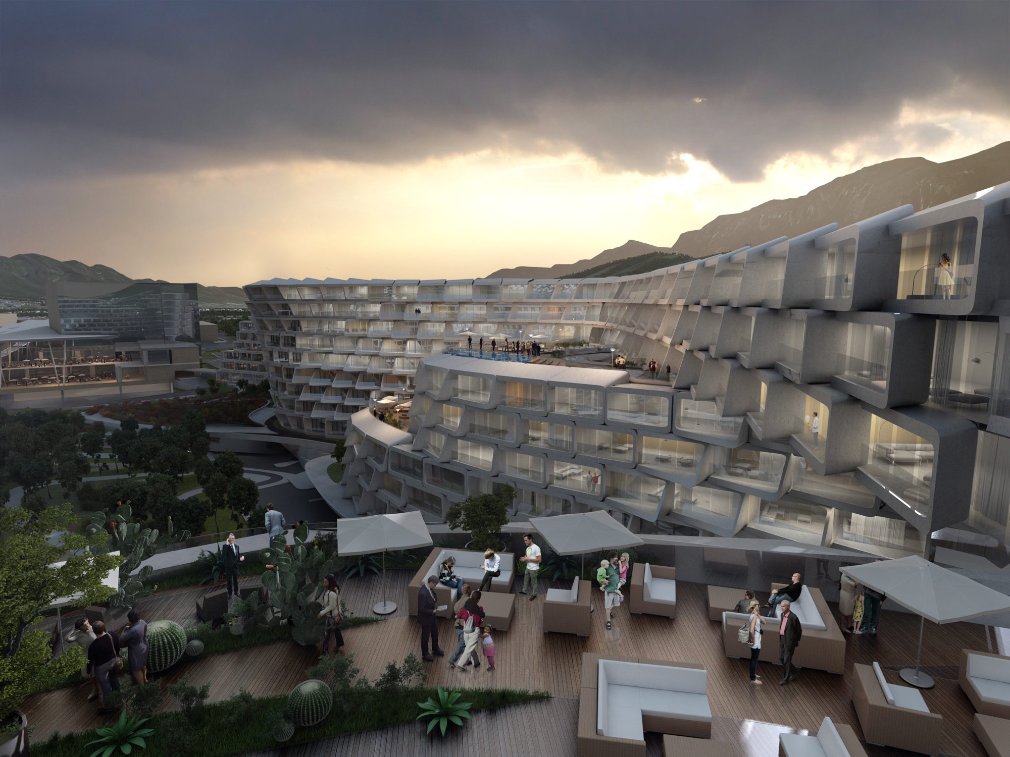 Terraza en la azotea al atardecer con vista al complejo de Esfera